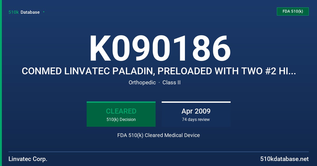 K090186 CONMED LINVATEC PALADIN, PRELOADED WITH TWO #2 HI-FI SUTURES FDA 510(k) Cleared Medical Device
