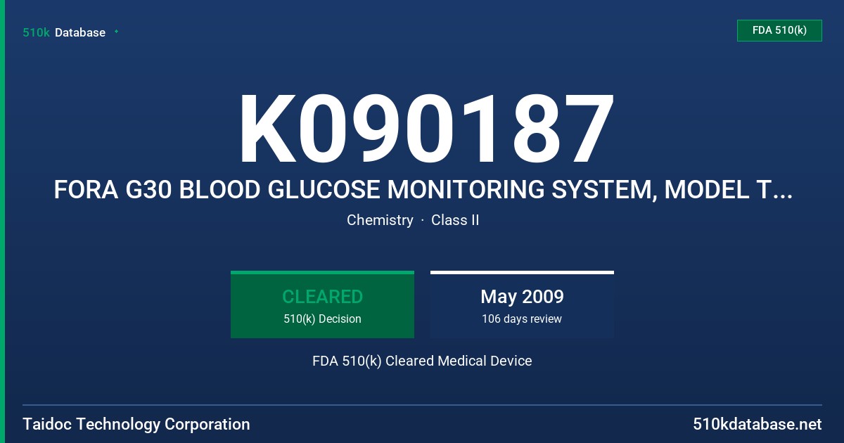 K090187 FORA G30 BLOOD GLUCOSE MONITORING SYSTEM, MODEL TD-4241 FDA 510(k) Cleared Medical Device
