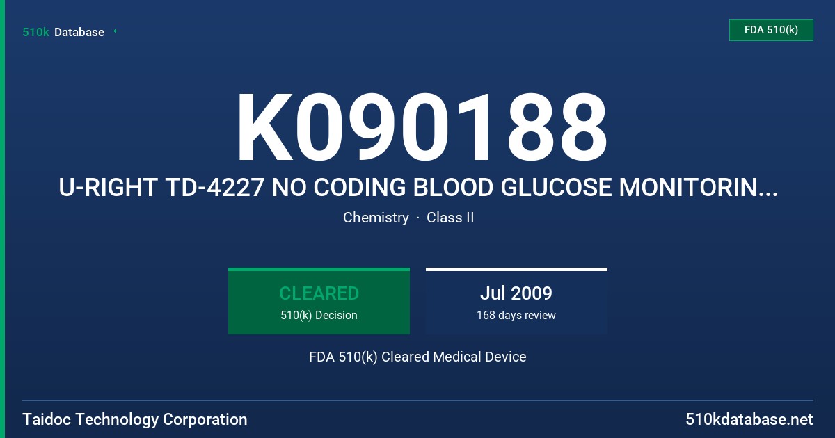 K090188 U-RIGHT TD-4227 NO CODING BLOOD GLUCOSE MONITORING SYSTEM, MODEL TD-4222 FDA 510(k) Cleared Medical Device