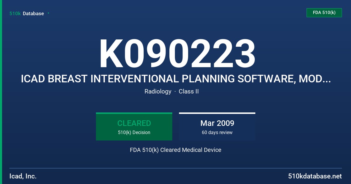 K090223 ICAD BREAST INTERVENTIONAL PLANNING SOFTWARE, MODEL D70024 FDA 510(k) Cleared Medical Device