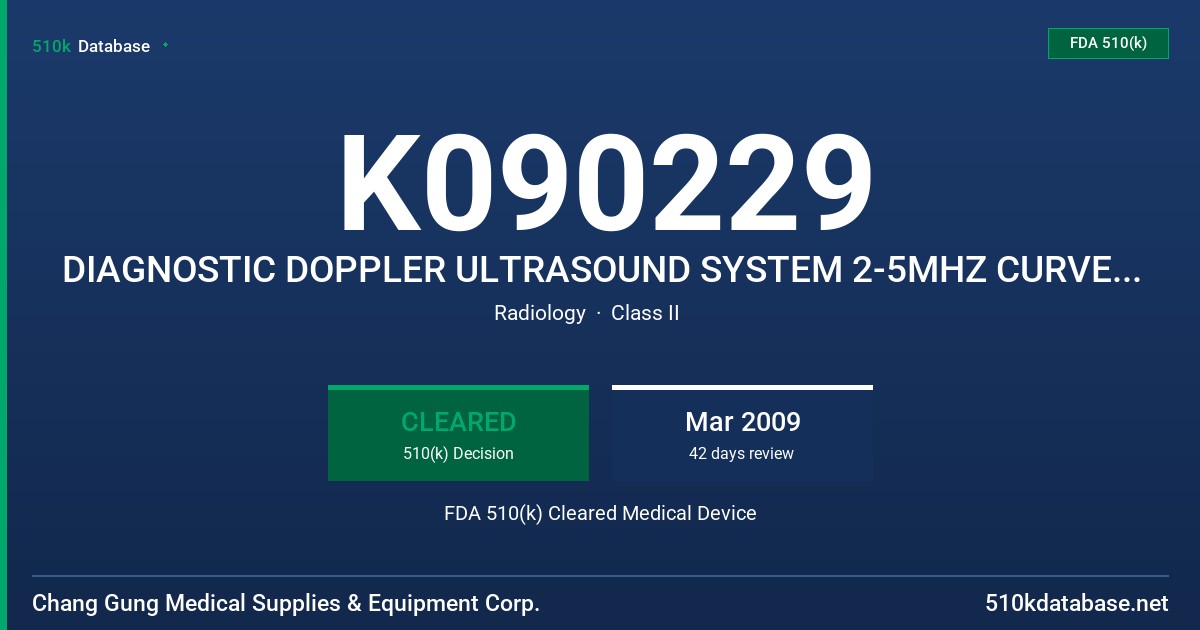 K090229 DIAGNOSTIC DOPPLER ULTRASOUND SYSTEM 2-5MHZ CURVED LINEAR ARRAY, 5-10MHZ LINEAR ARRAY, 2-4MHZ PHASE ARRAY, 4-8MHZ TRANSV FDA 510(k) Cleared Medical Device