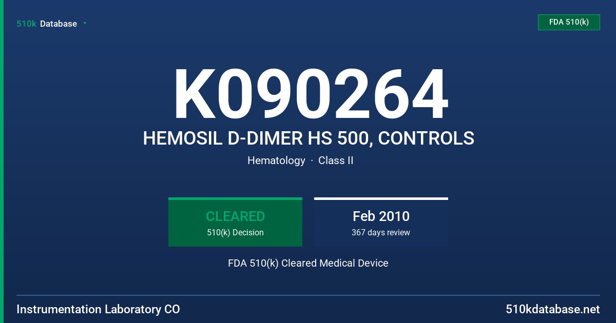K090264 HEMOSIL D-DIMER HS 500, CONTROLS FDA 510(k) Cleared Medical Device