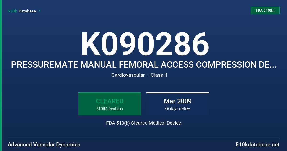 K090286 PRESSUREMATE MANUAL FEMORAL ACCESS COMPRESSION DEVICE FDA 510(k) Cleared Medical Device