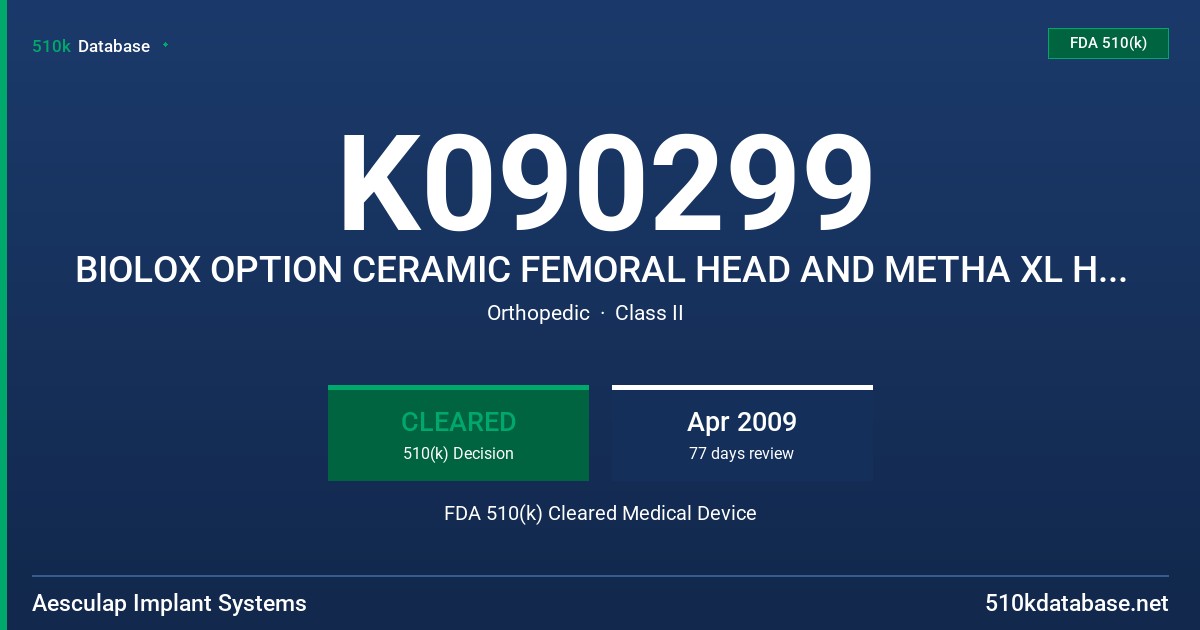 K090299 BIOLOX OPTION CERAMIC FEMORAL HEAD AND METHA XL HEADS FDA 510(k) Cleared Medical Device