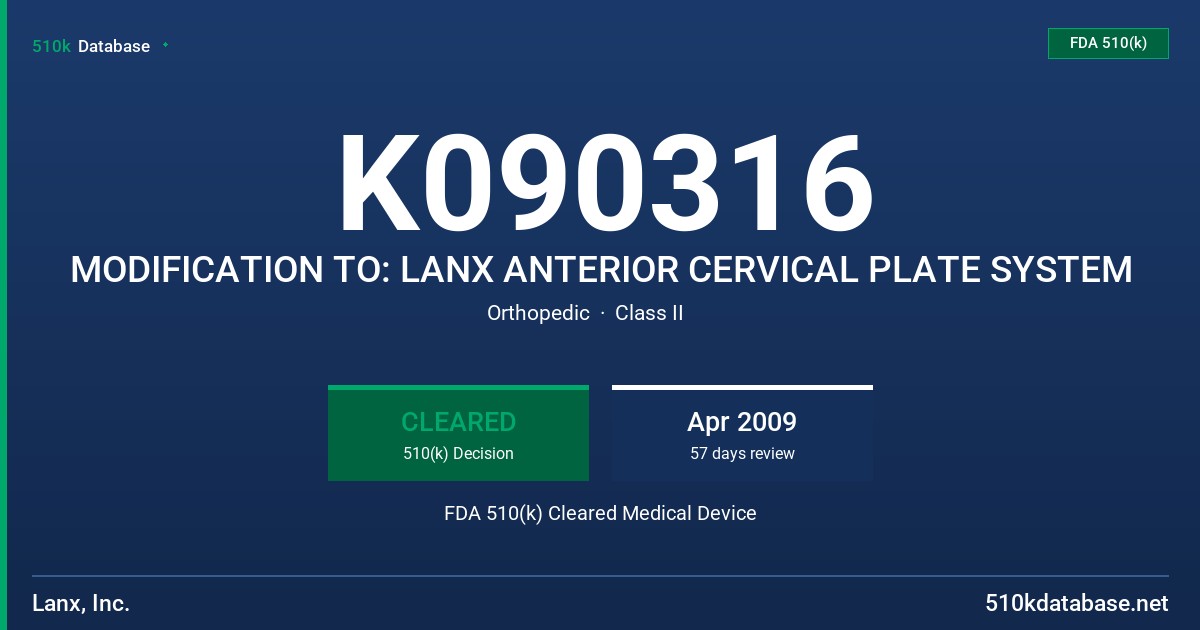 K090316 MODIFICATION TO: LANX ANTERIOR CERVICAL PLATE SYSTEM FDA 510(k) Cleared Medical Device