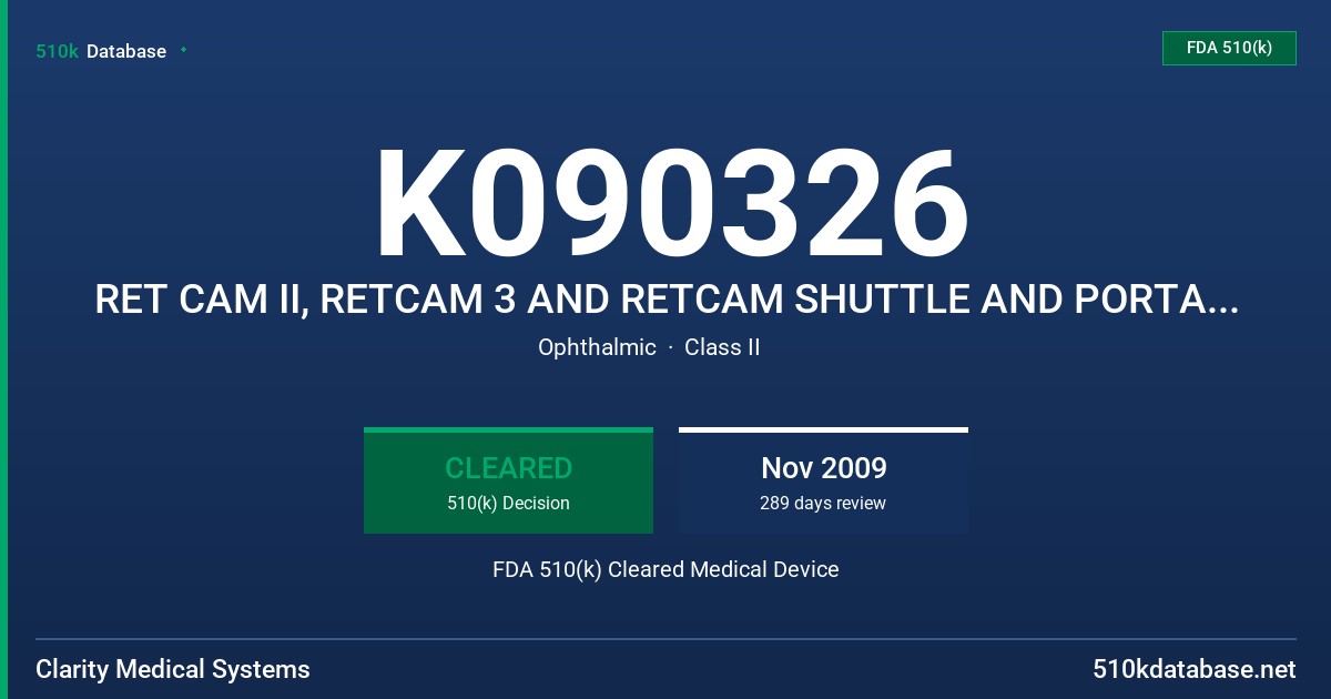 K090326 RET CAM II, RETCAM 3 AND RETCAM SHUTTLE AND PORTABLE OPHTHALMIC IMAGING SYSTEMS FDA 510(k) Cleared Medical Device
