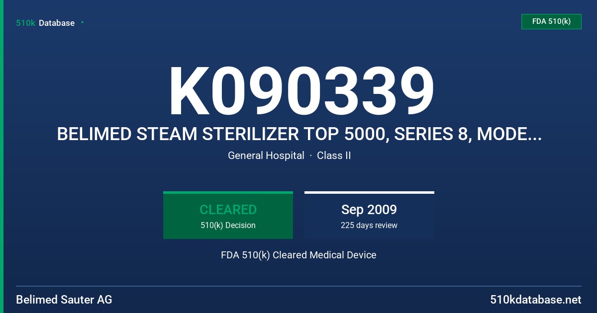 K090339 BELIMED STEAM STERILIZER TOP 5000, SERIES 8, MODELS: 6-0-12 VS1 AND VS2 FDA 510(k) Cleared Medical Device