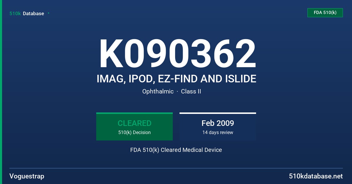 K090362 IMAG, IPOD, EZ-FIND AND ISLIDE FDA 510(k) Cleared Medical Device