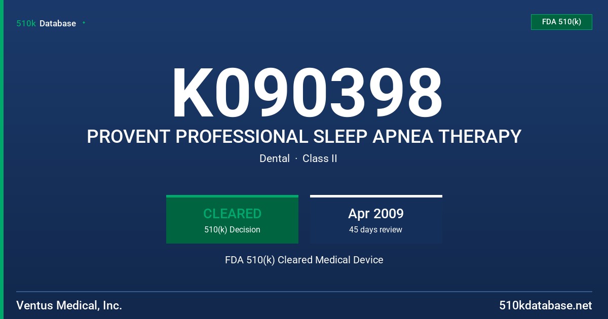 K090398 PROVENT PROFESSIONAL SLEEP APNEA THERAPY FDA 510(k) Cleared Medical Device