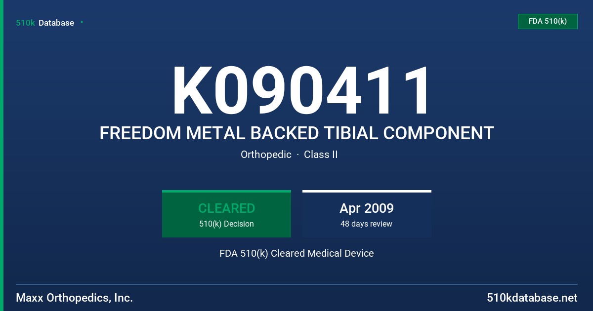 K090411 FREEDOM METAL BACKED TIBIAL COMPONENT FDA 510(k) Cleared Medical Device