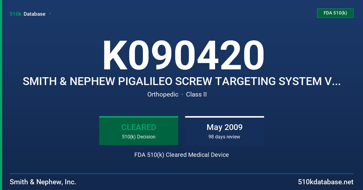 K090420 SMITH & NEPHEW PIGALILEO SCREW TARGETING SYSTEM V 1.0 FDA 510(k) Cleared Medical Device