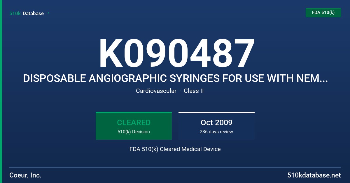 K090487 DISPOSABLE ANGIOGRAPHIC SYRINGES FOR USE WITH NEMOTO ANGIOGRAPHIC POWER, MODEL SY-125, C855-5150 FDA 510(k) Cleared Medical Device
