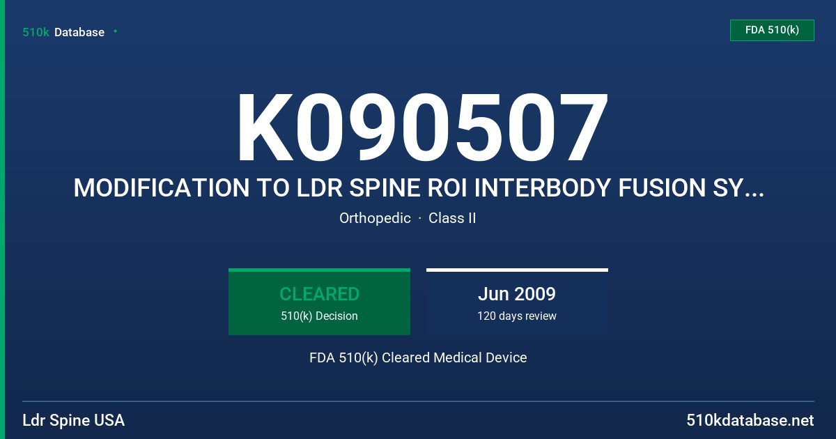 K090507 MODIFICATION TO LDR SPINE ROI INTERBODY FUSION SYSTEM FDA 510(k) Cleared Medical Device
