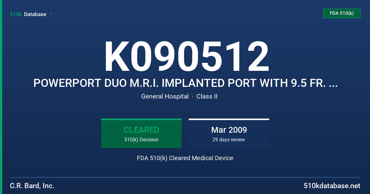 K090512 POWERPORT DUO M.R.I. IMPLANTED PORT WITH 9.5 FR. DUAL LUMEN CHRONOFLEX POLYURETHANE CATHETER FDA 510(k) Cleared Medical Device