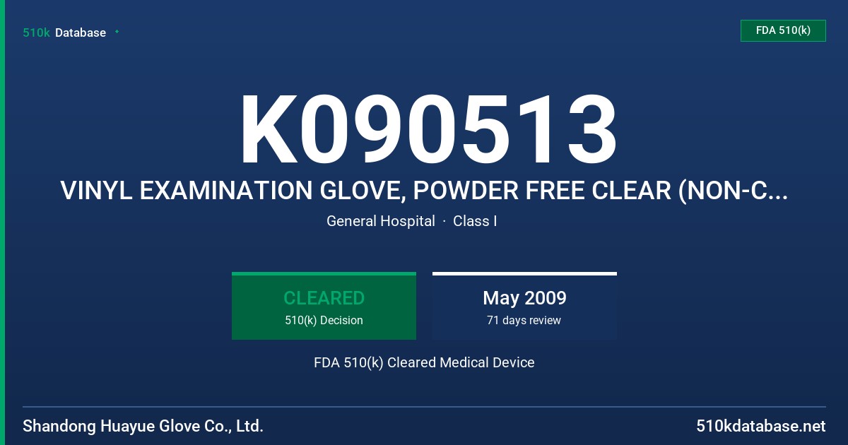 K090513 VINYL EXAMINATION GLOVE, POWDER FREE CLEAR (NON-COLORED) FDA 510(k) Cleared Medical Device