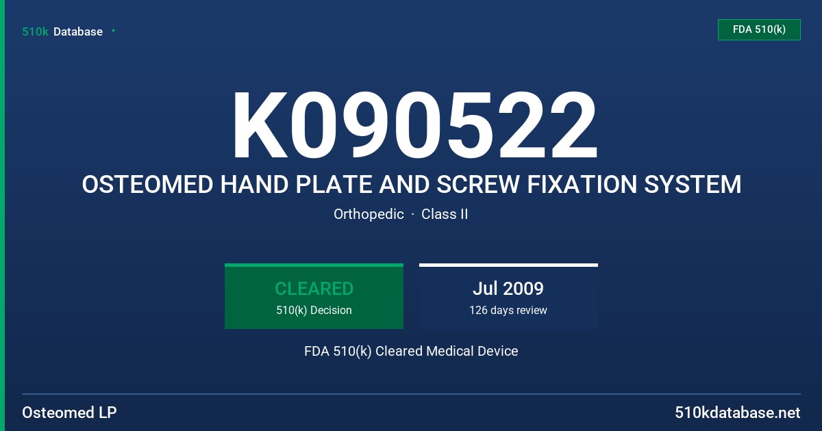 K090522 OSTEOMED HAND PLATE AND SCREW FIXATION SYSTEM FDA 510(k) Cleared Medical Device