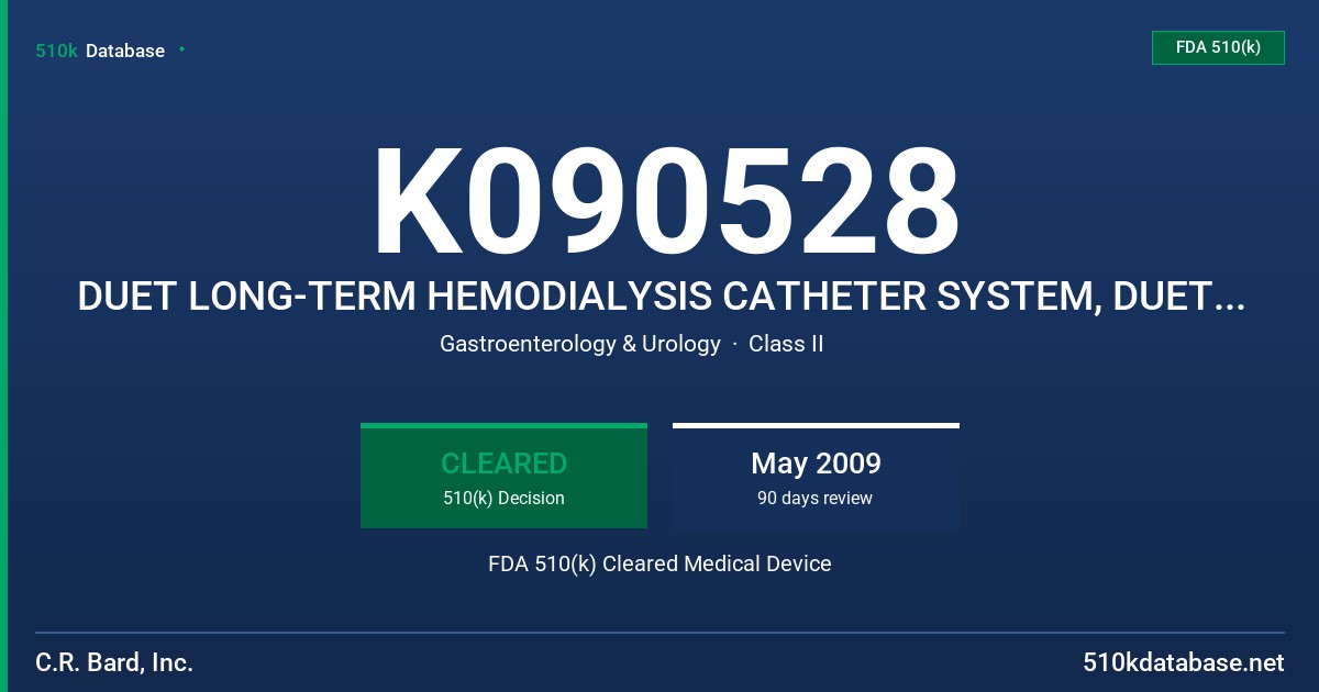 K090528 DUET LONG-TERM HEMODIALYSIS CATHETER SYSTEM, DUET LONG-TERM HEMODIALYSIS CATHETER SYSTEM CATHETER REPAIR KIT FDA 510(k) Cleared Medical Device