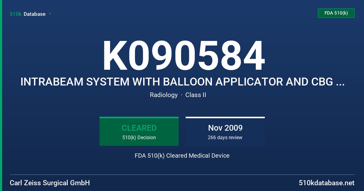 K090584 INTRABEAM SYSTEM WITH BALLOON APPLICATOR AND CBG SETS FDA 510(k) Cleared Medical Device