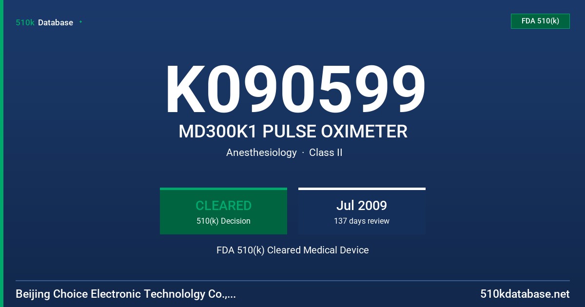 K090599 MD300K1 PULSE OXIMETER FDA 510(k) Cleared Medical Device