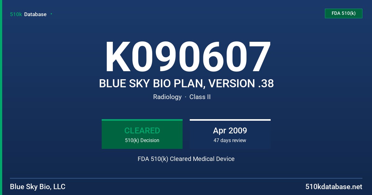 K090607 BLUE SKY BIO PLAN, VERSION .38 FDA 510(k) Cleared Medical Device
