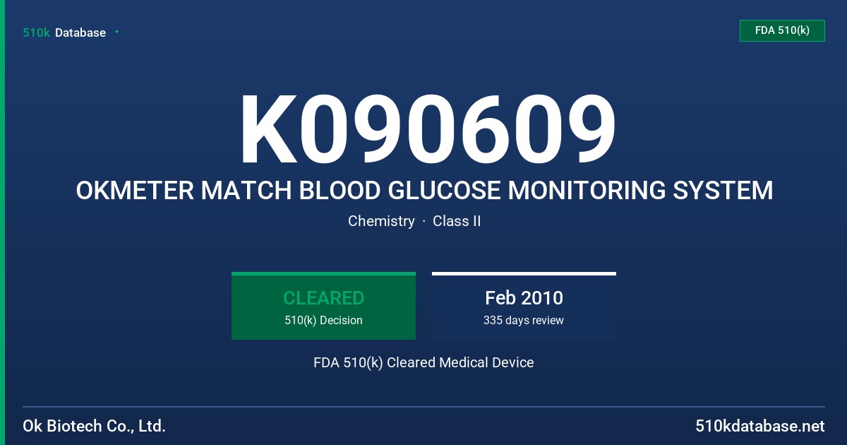 K090609 OKMETER MATCH BLOOD GLUCOSE MONITORING SYSTEM FDA 510(k) Cleared Medical Device