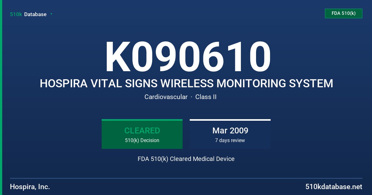 K090610 HOSPIRA VITAL SIGNS WIRELESS MONITORING SYSTEM FDA 510(k) Cleared Medical Device