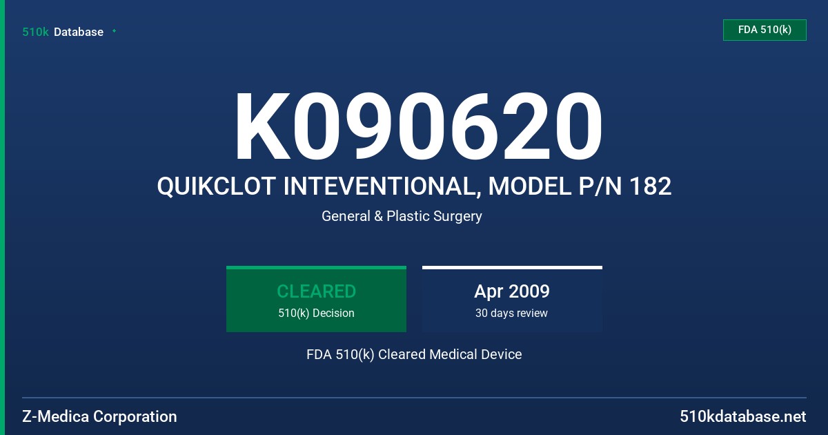 K090620 QUIKCLOT INTEVENTIONAL, MODEL P/N 182 FDA 510(k) Cleared Medical Device