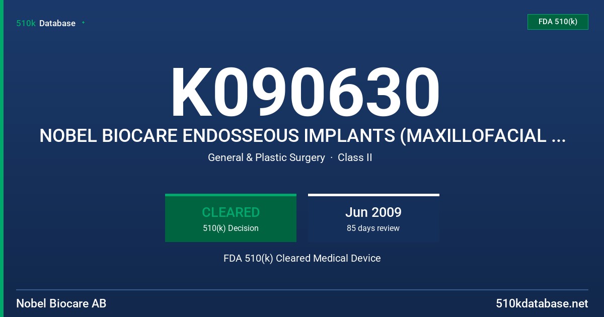 K090630 NOBEL BIOCARE ENDOSSEOUS IMPLANTS (MAXILLOFACIAL INDICATION) FDA 510(k) Cleared Medical Device