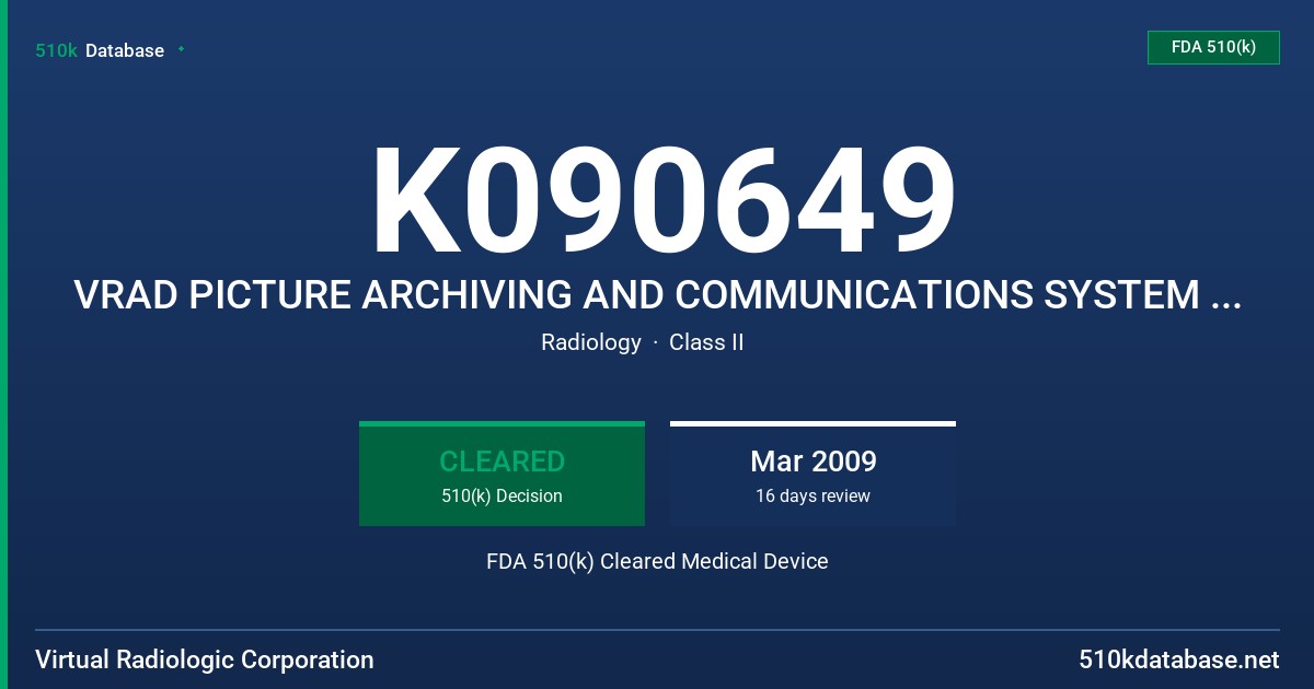 K090649 VRAD PICTURE ARCHIVING AND COMMUNICATIONS SYSTEM SOFTWARE FDA 510(k) Cleared Medical Device