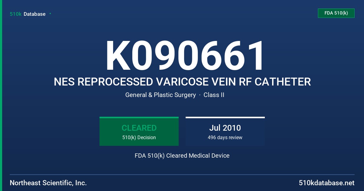 K090661 NES REPROCESSED VARICOSE VEIN RF CATHETER FDA 510(k) Cleared Medical Device