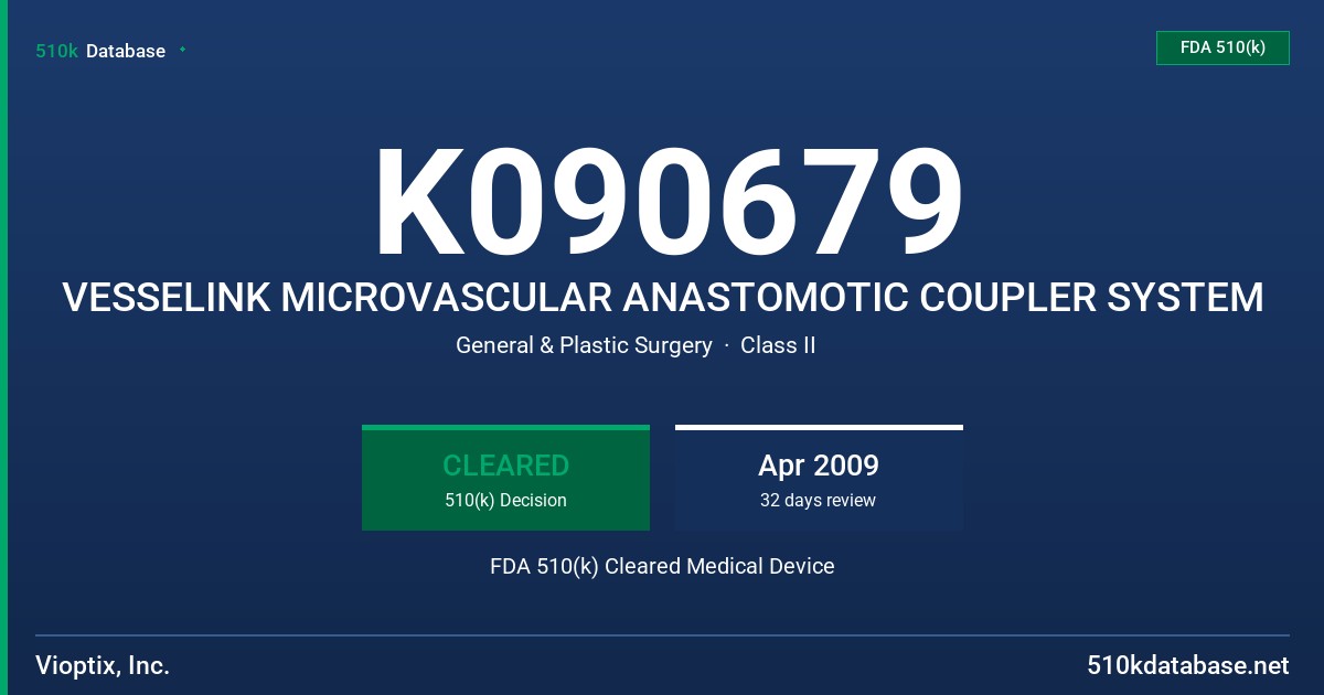 K090679 VESSELINK MICROVASCULAR ANASTOMOTIC COUPLER SYSTEM FDA 510(k) Cleared Medical Device