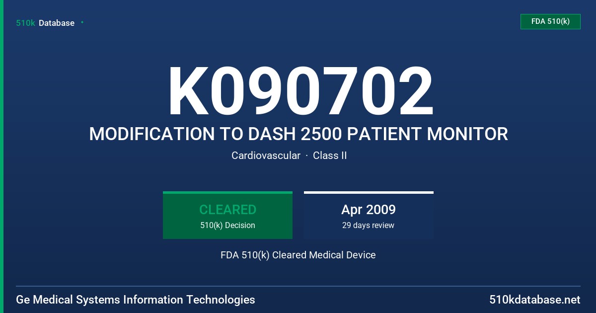 K090702 MODIFICATION TO DASH 2500 PATIENT MONITOR FDA 510(k) Cleared Medical Device