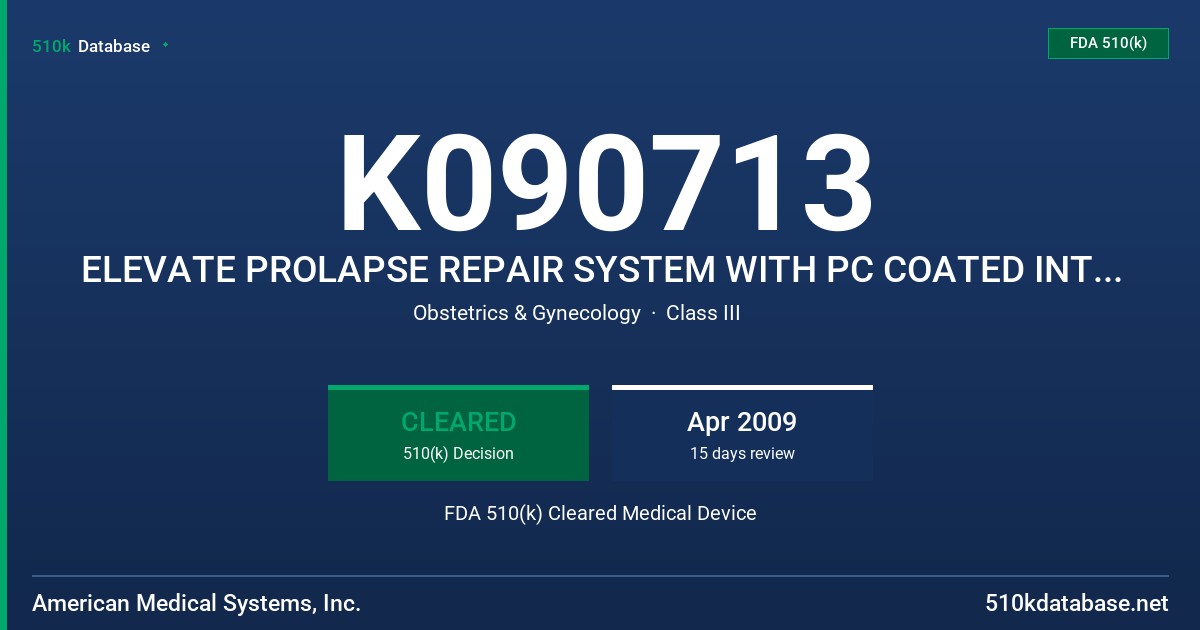 K090713 ELEVATE PROLAPSE REPAIR SYSTEM WITH PC COATED INTEPRO LITE- APICAL AND POSTERIOR PROLAPSE REPAIR SYSTEM, ANTERIOR AND AP FDA 510(k) Cleared Medical Device