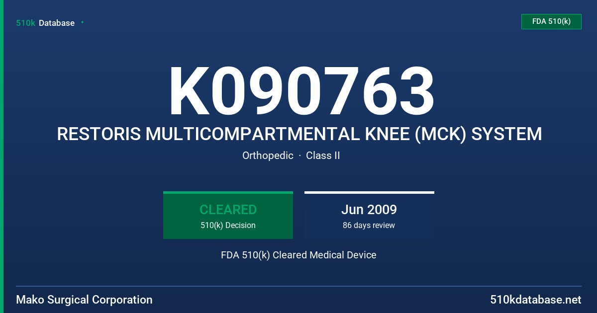 K090763 RESTORIS MULTICOMPARTMENTAL KNEE (MCK) SYSTEM FDA 510(k) Cleared Medical Device