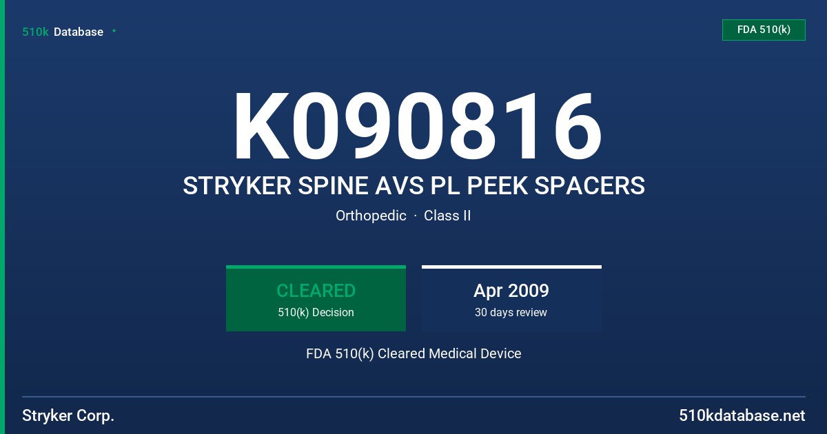 K090816 STRYKER SPINE AVS PL PEEK SPACERS FDA 510(k) Cleared Medical Device