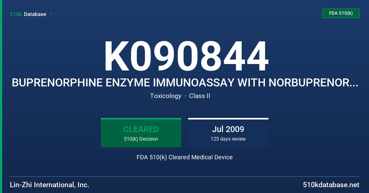 K090844 BUPRENORPHINE ENZYME IMMUNOASSAY WITH NORBUPRENORPHINE CALIBRATORS AND CONTROLS FDA 510(k) Cleared Medical Device
