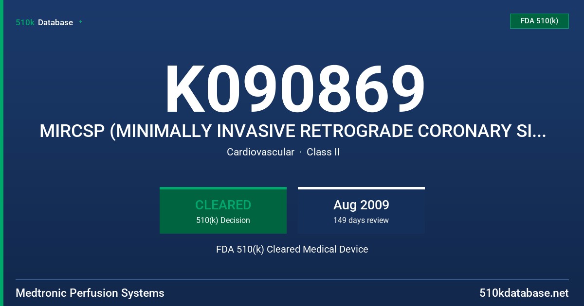 K090869 MIRCSP (MINIMALLY INVASIVE RETROGRADE CORONARY SINUS PERFUSION) MANUAL INFLATE CANNULA, MODEL 94113TD FDA 510(k) Cleared Medical Device
