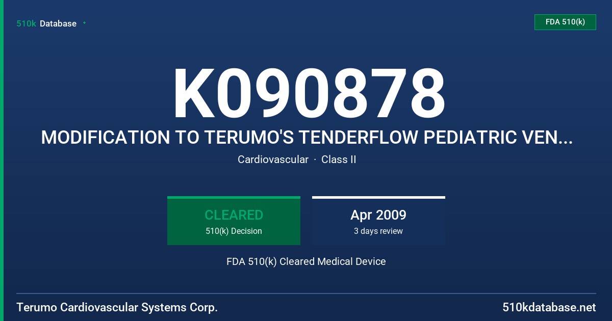 K090878 MODIFICATION TO TERUMO'S TENDERFLOW PEDIATRIC VENOUS RETURN CANNULAE (X-COATING) FDA 510(k) Cleared Medical Device