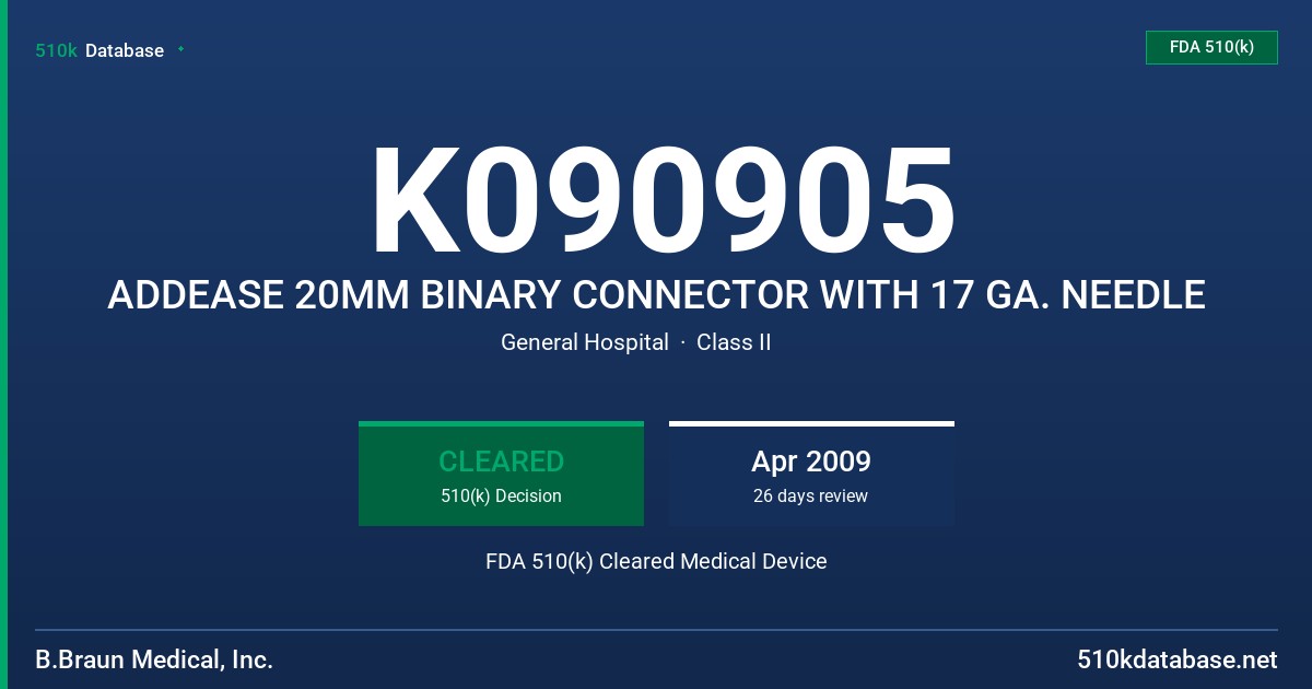 K090905 ADDEASE 20MM BINARY CONNECTOR WITH 17 GA. NEEDLE FDA 510(k) Cleared Medical Device