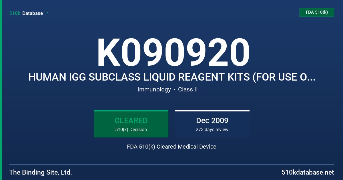 K090920 HUMAN IGG SUBCLASS LIQUID REAGENT KITS (FOR USE ON HITACHI 911/ 912/ 917 AND MODULAR P) FDA 510(k) Cleared Medical Device
