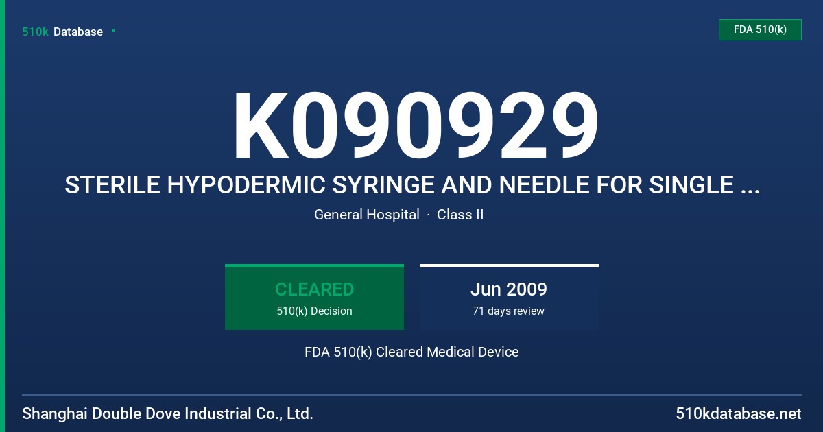 K090929 STERILE HYPODERMIC SYRINGE AND NEEDLE FOR SINGLE USE, STERILE INSULING SYRINGE FOR SINGLE USE WITH FIXED NEEDLE FDA 510(k) Cleared Medical Device