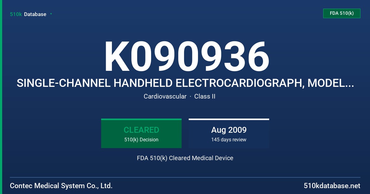 K090936 SINGLE-CHANNEL HANDHELD ELECTROCARDIOGRAPH, MODEL ECG80A FDA 510(k) Cleared Medical Device