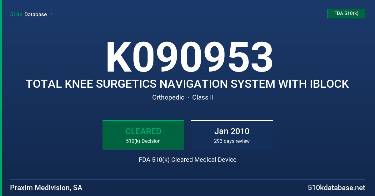 K090953 TOTAL KNEE SURGETICS NAVIGATION SYSTEM WITH IBLOCK FDA 510(k) Cleared Medical Device