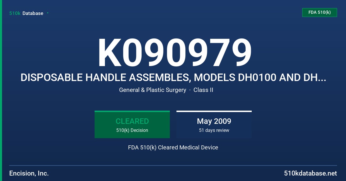 K090979 DISPOSABLE HANDLE ASSEMBLES, MODELS DH0100 AND DH0500 SERIES FDA 510(k) Cleared Medical Device