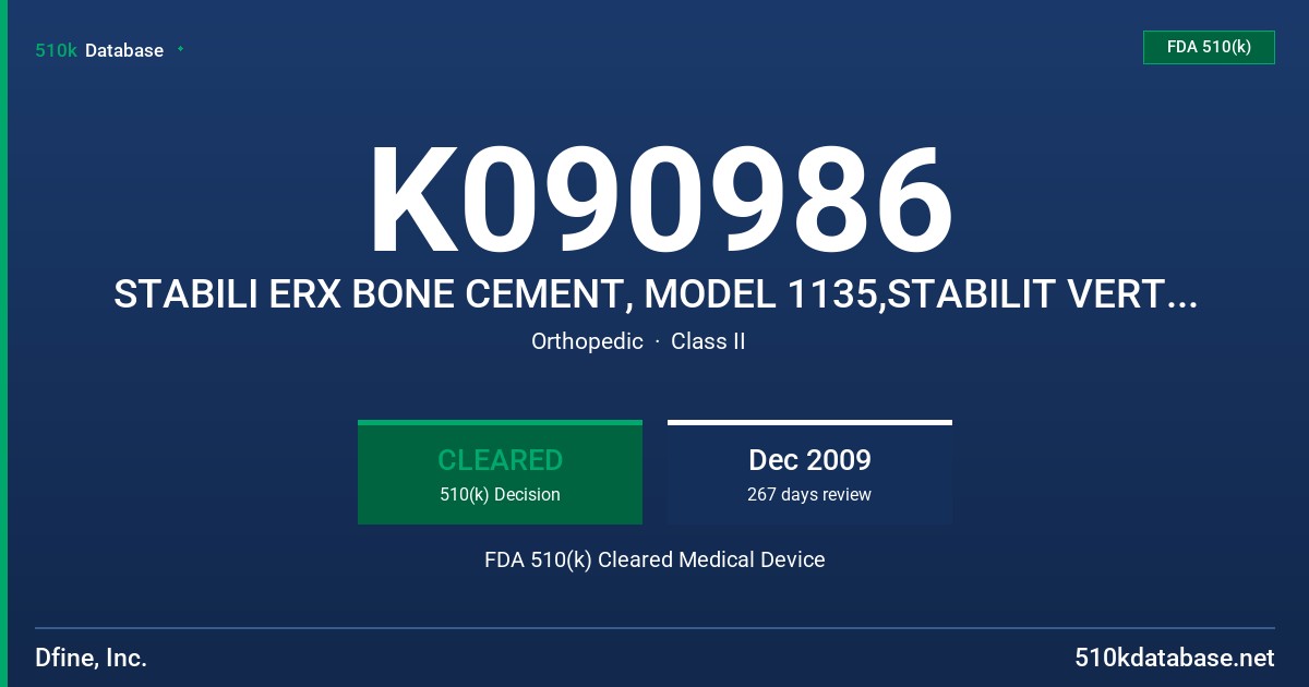 K090986 STABILI ERX BONE CEMENT, MODEL 1135,STABILIT VERTEBRAL AUGMENTATION SYSTEM (FOR USE W/ STABILIT ERX BONE CEMENT) FDA 510(k) Cleared Medical Device