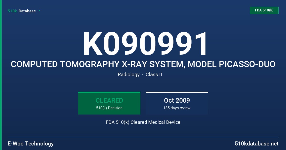 K090991 COMPUTED TOMOGRAPHY X-RAY SYSTEM, MODEL PICASSO-DUO FDA 510(k) Cleared Medical Device