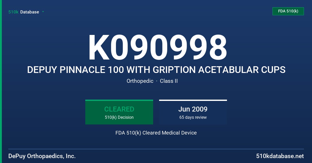 K090998 DEPUY PINNACLE 100 WITH GRIPTION ACETABULAR CUPS FDA 510(k) Cleared Medical Device
