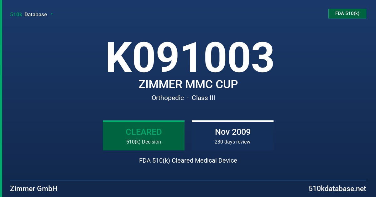K091003 ZIMMER MMC CUP FDA 510(k) Cleared Medical Device