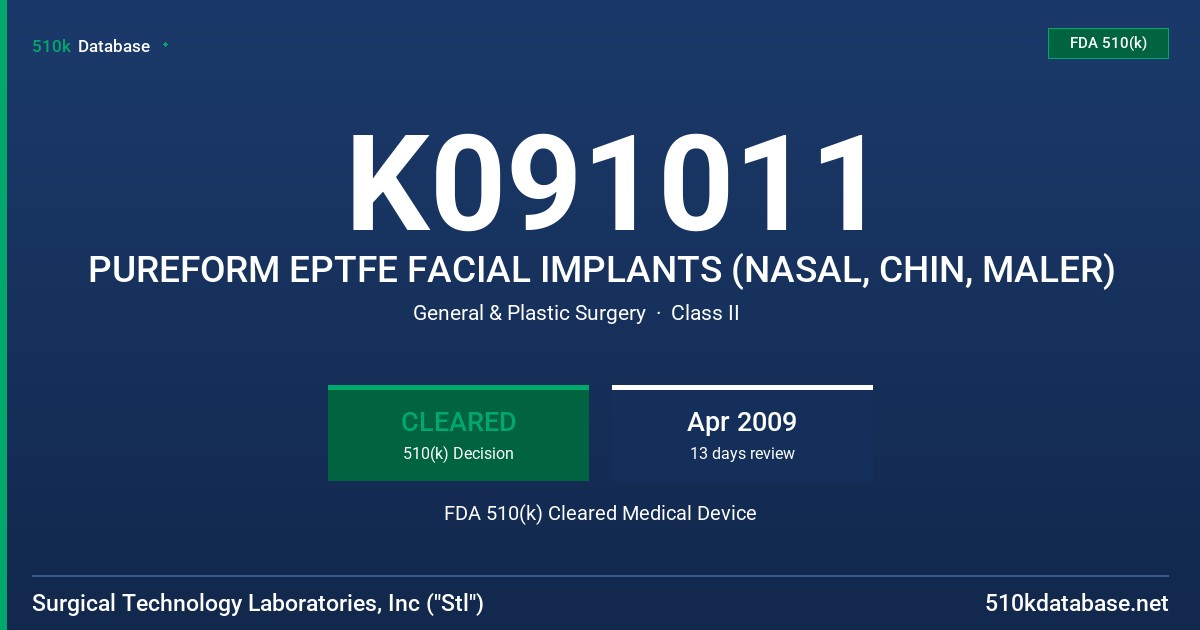 K091011 PUREFORM EPTFE FACIAL IMPLANTS (NASAL, CHIN, MALER) FDA 510(k) Cleared Medical Device