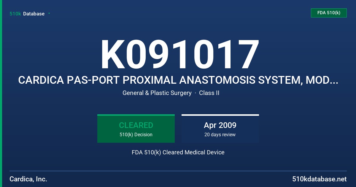 K091017 CARDICA PAS-PORT PROXIMAL ANASTOMOSIS SYSTEM, MODEL FG-000001 FDA 510(k) Cleared Medical Device